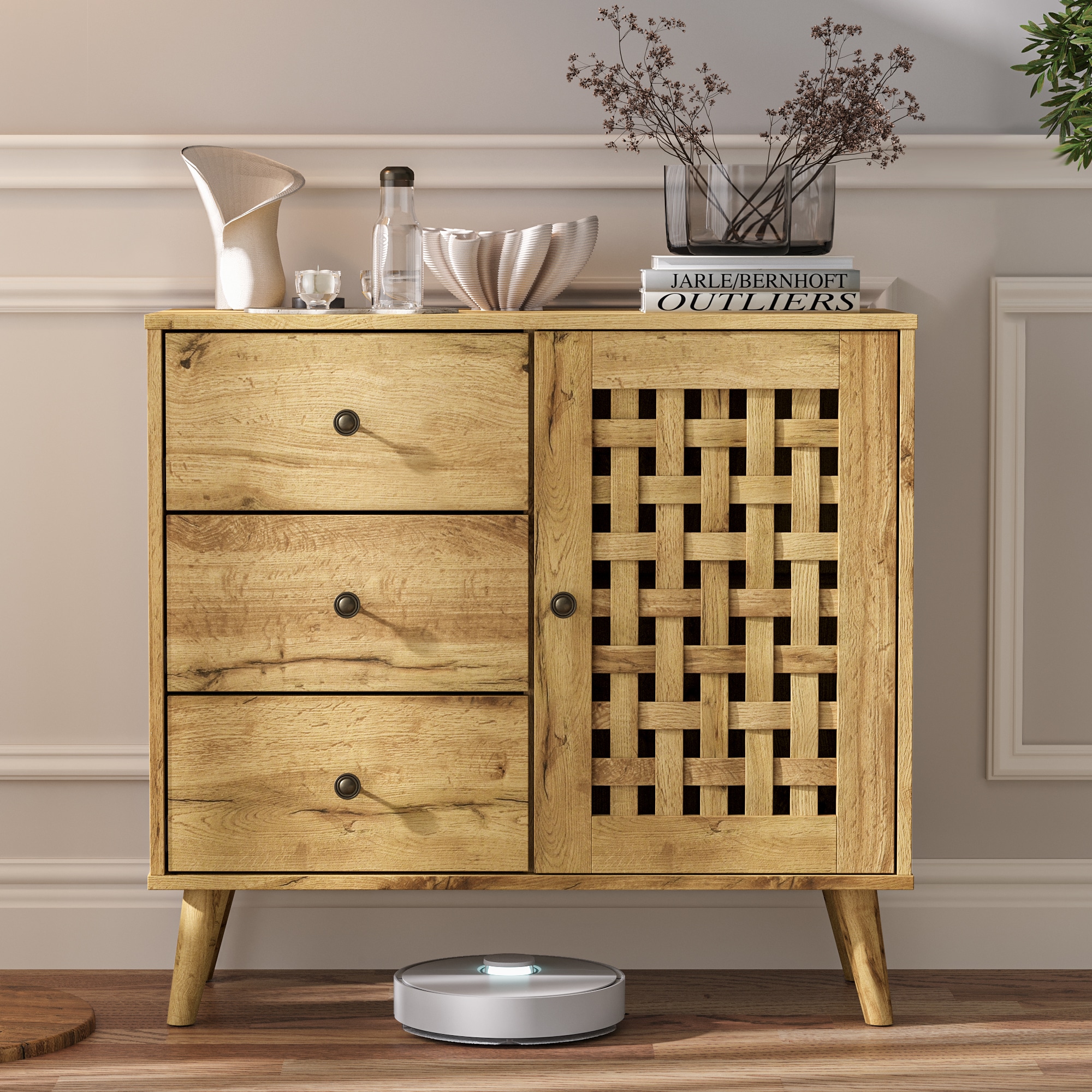 Storage Cabinet With A Basket Weave Wooden Door & 3 Drawers, Coffee Bar Cabinet With Adjustable Shelves, Vintage Buffet Sideboard For Living Room, Hallway, Entryway, Dining Room_voghion.com